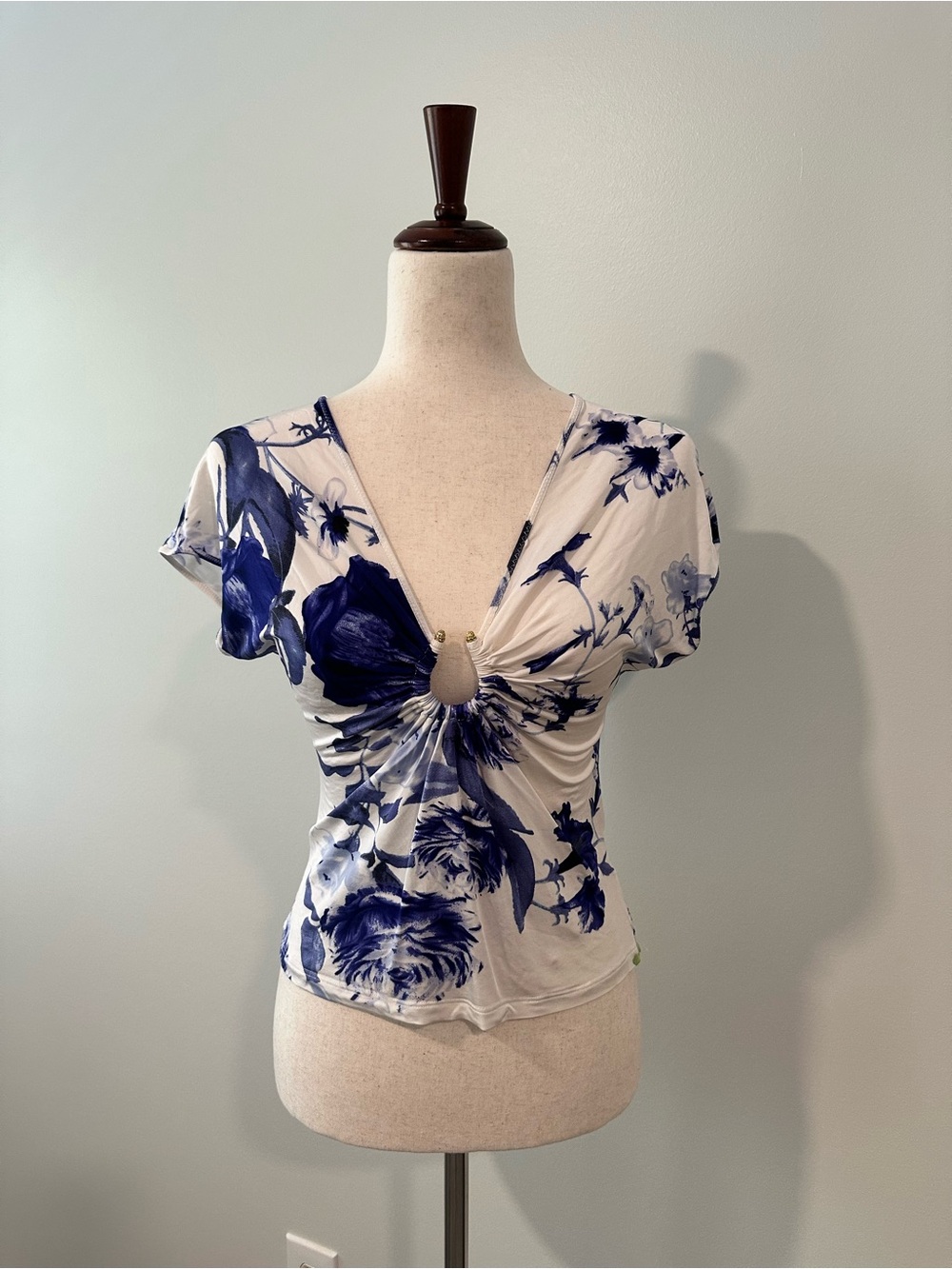 Roberto Cavalli Floral Twist-Front V-Neck Top in White & Blue